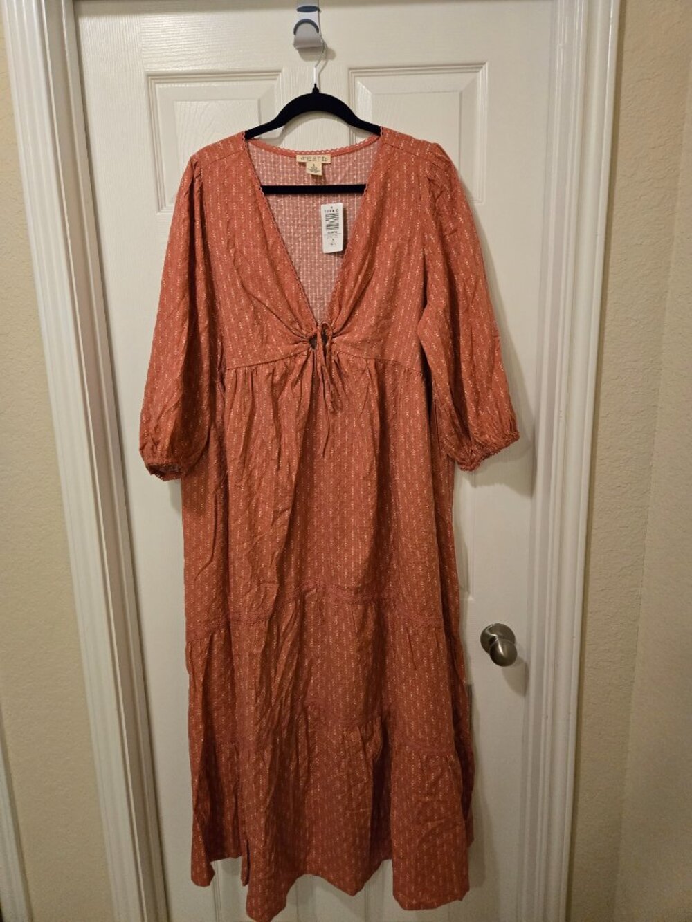 Rust Tie-Front Maxi Dress with Long Sleeves - Picture 3 of 13